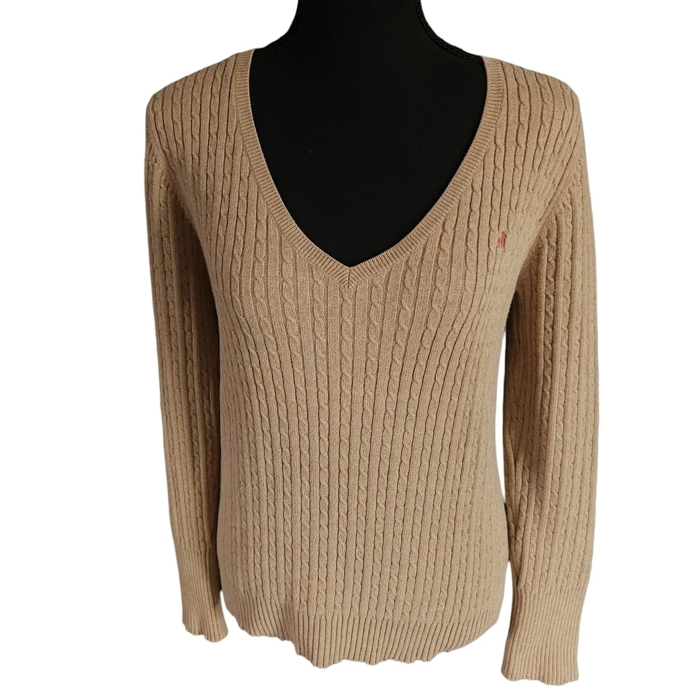 Y2K Old Navy Tan Fitted V-neck Cable Knit Ribbed Sweater Sz L